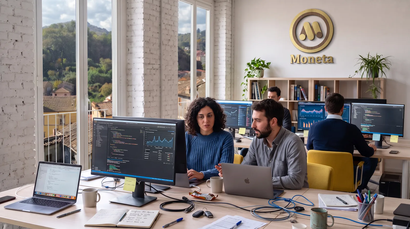 Un ufficio Moneta: scrivanie con monitor e grafici, mattoni bianchi e finestre sui tetti di un borgo